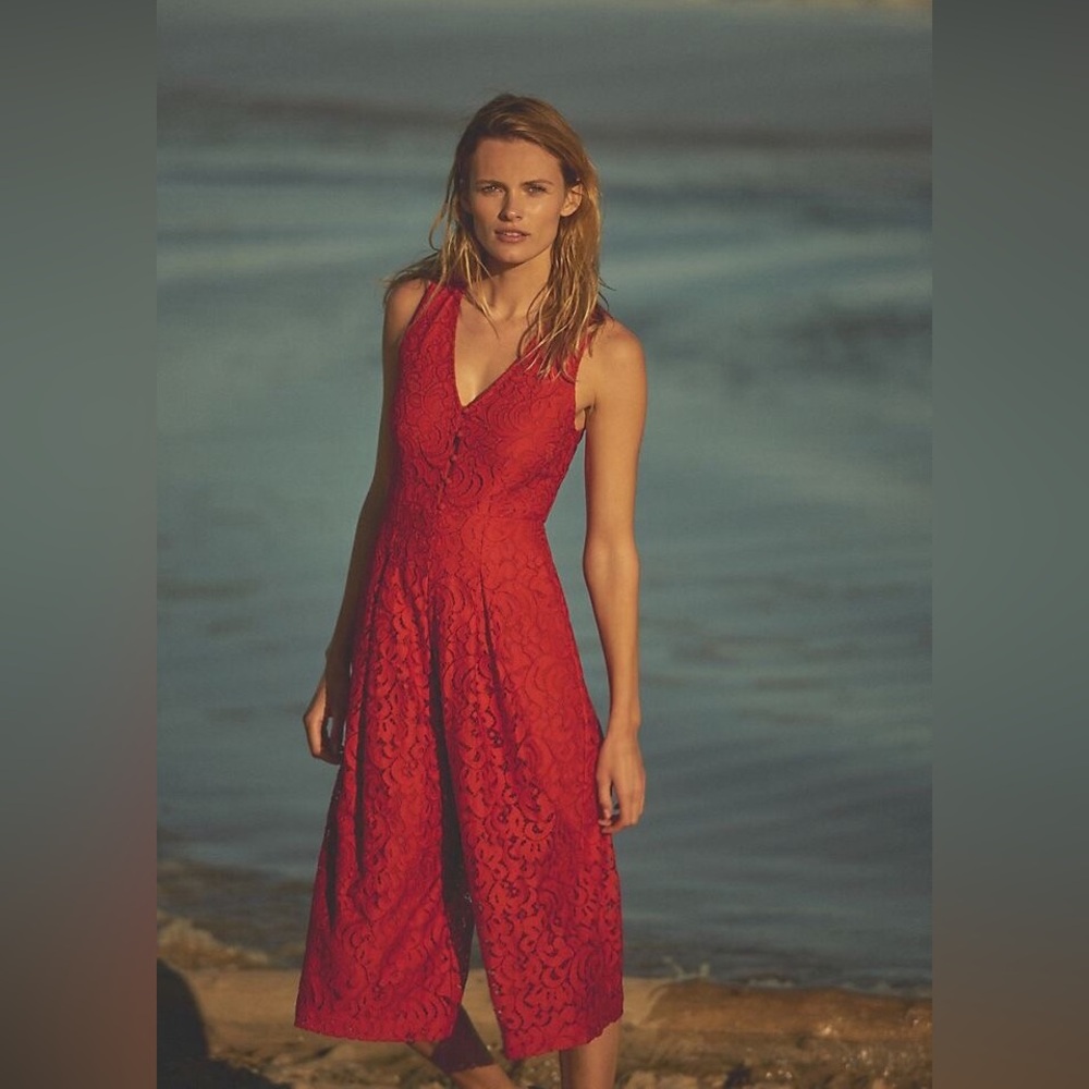 Moulinette Soeurs Jaeda Red Lace Wide‑Leg Jumpsuit (Anthropologie) Size 4